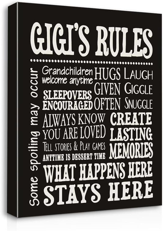 Gigi's Rules Welcome Canvas Wall Art Prints Artwork Signs Framed for Front Porch Decor Wall Decor Farmhouse Home Room Decor, 11 X 14 inch, Housewarming Gifts Family Room Decor, Gifts Gigi, Grandma