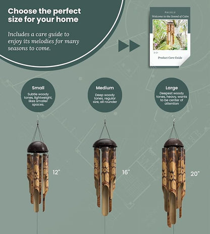 Nalulu Rustic Bamboo Wind Chimes - Outside Outdoor Wooden Windchimes, Large, Floral Burned Design with Coconut Crown, Handcrafted with Calming Deep Tones, Home Decor, Ideal Gift for Him & Her