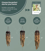 Nalulu Rustic Bamboo Wind Chimes - Outside Outdoor Wooden Windchimes, Small, Floral Burned Design with Coconut Crown, Handcrafted with Calming Deep Tones, Home Decor Ideal Gift for Him & Her