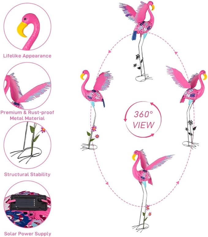42" Metal Flamingo Outdoor Statues,Garden Sculptures with Solar Light, Pink Flamingo Lawn Ornaments & Outdoor Decor for Patio, Backyard, Garden