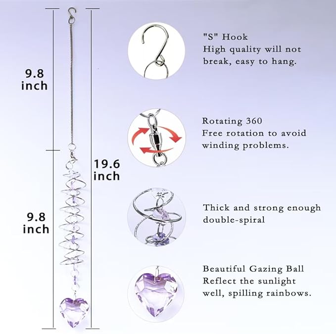 Big Heart Crystal Sun Catchers for Windows Hanging, Double-Spiral Design Gazing Ball Spiral Tail, Rainbow Maker Prism, Sun Catchers Indoor Window for Kitchen, Patio, Porch, Garden(Purple)
