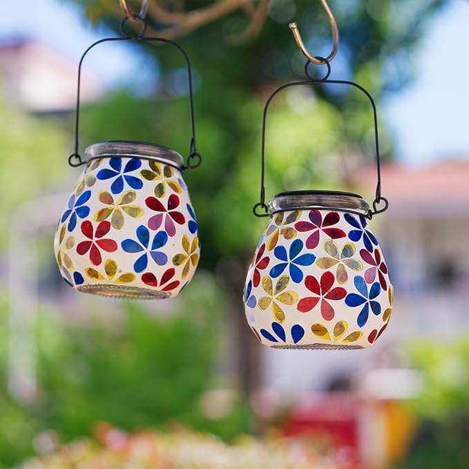 Stargarden 2Pack Mosaic Solar Lanterns, Glass Hanging Lantern Waterproof Outdoor Haning Lights Flower Decorative Table Lamp for Garden ,Patio,Yard Decor