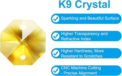 PATIKIL K9 Crystal Octagon Beads 2 Holes Pendants, 60 Pack 14mm Chandelier Prisms Parts Ornaments Hanging Beads for DIY Arts Crafts Decoration, Golden