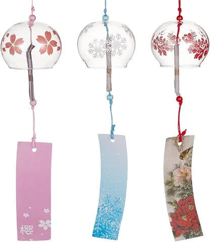BENECREAT 3PCS Japanese Wind Chimes Pink Cherry/Red/Blue Glass Wind Bells Handmade Pendants for Birthday Gift, Home Wedding Party Decorations