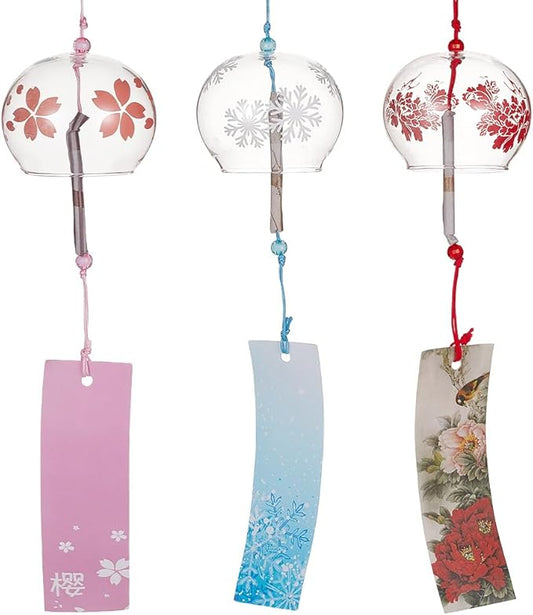 BENECREAT 3PCS Japanese Wind Chimes Pink Cherry/Red/Blue Glass Wind Bells Handmade Pendants for Birthday Gift, Home Wedding Party Decorations