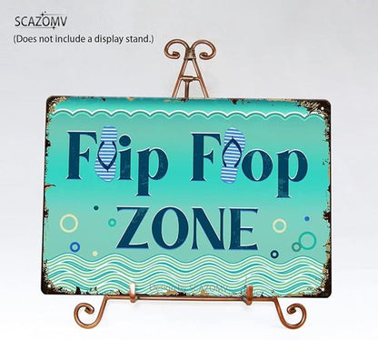 SCAZOMV Flip Flop Zone Sign Metal Tin Sign Funny Pool Signs Beach House Decor Vintage Pool Tropical Beach Patio Decoration 8"x12" Beach Signs for Home Decor