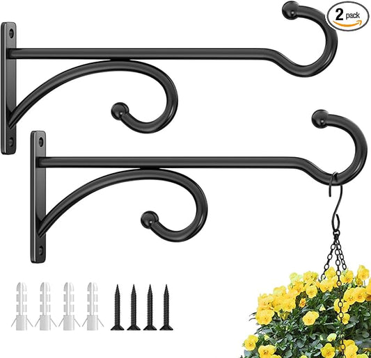 8-Inch Planter Hooks for Hanging Plants - Plant Hanger Hook Indoor Outdoor, Plant Wall Hooks, Brackets for Hanging Plants, Baskets, Wind Chime, Bird Feeder, Bird House (Black, Metal, 2 Pack)
