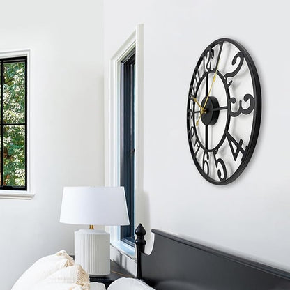 Large Outdoor Clock for Patio - Black Metal Art Arab Decorative Clock for Farmhouse, Kitchen, Porch, Pool Side, Deck, Modern Wall Clock Silent Battery Operated - 16 Inch