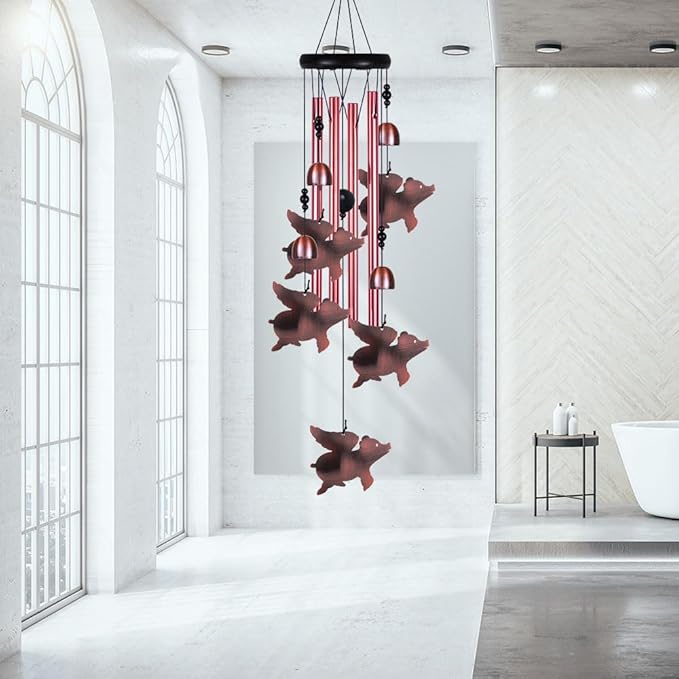 Outdoor Fly Pigs Wind Chimes Indoor Decor - Hand-Made Mobile Romantic Windcatcher, Pig Chimes, Flying Pig Wind Chimes for Home, Balcony, Tree, Patio, Garden Decoration, Gift for Mom(4 Tubes, 5 Pigs)