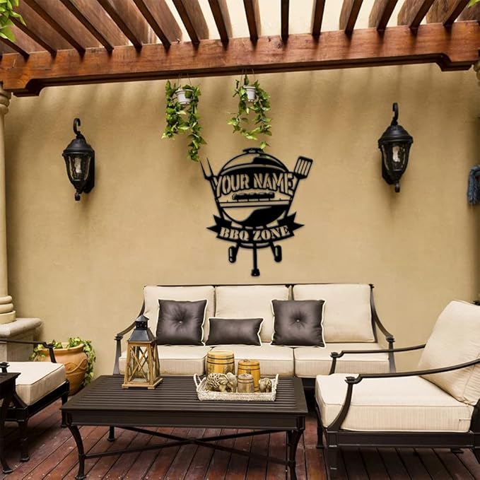 MeMate BBQ Zone Signs, Grill Sign to Personalize, Personalized Barbecue Metal Signs Kitchen Decor, Custom Name Outdoor Plaques for Backyard, Patio, Porch, Deck, Rustic Decorations for Man Cave