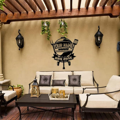 MeMate BBQ Zone Signs, Grill Sign to Personalize, Personalized Barbecue Metal Signs Kitchen Decor, Custom Name Outdoor Plaques for Backyard, Patio, Porch, Deck, Rustic Decorations for Man Cave