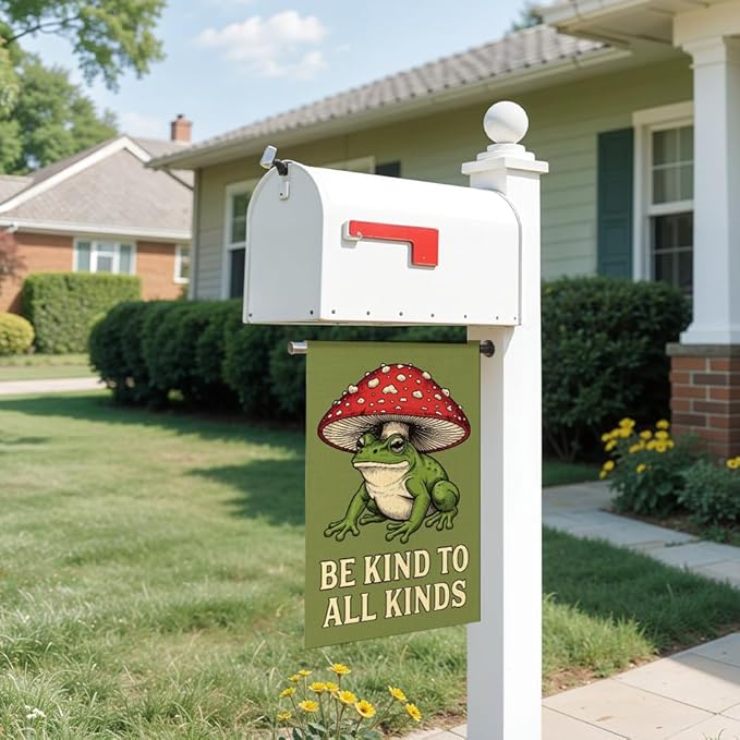 Be Kind To All Kinds Garden Flag Double Sided Yard Outdoor Decoration 12x18 Inch, Fun Frog Mushroom Outdoor Yard Garden Flag, Frog Mushroom Decor Home Banner, Gifts for Gardening Enthusiasts
