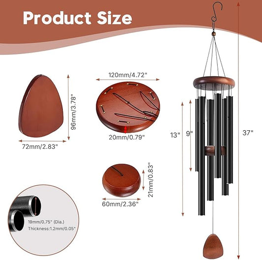 Aluminum Wind Chimes for Outdoor Garden and Yard with Soothing Deep Tones, Creates a Peaceful Ambiance with Sophisticated Wind Catcher, Ideal Calming Gift for Families (Black, 37 Inches)