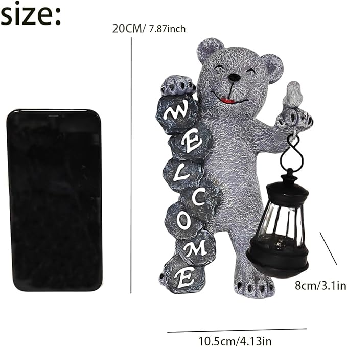 Bear Figurine Light Solar Powered Led Light- Welcome Lawn Decor Bear Garden Statues for Patio, Balcony, Yard Ornament, Outdoor Figurine Light House Housewarming Gifts, 7.8x4.13inch