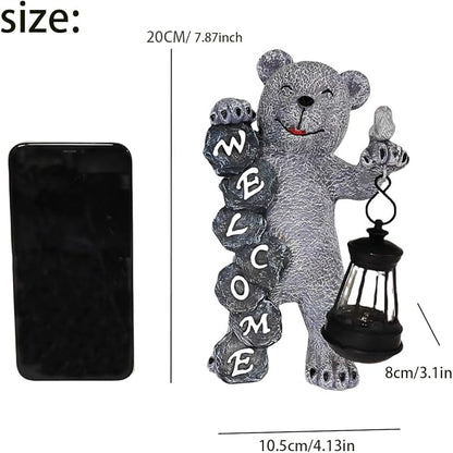 Bear Figurine Light Solar Powered Led Light- Welcome Lawn Decor Bear Garden Statues for Patio, Balcony, Yard Ornament, Outdoor Figurine Light House Housewarming Gifts, 7.8x4.13inch