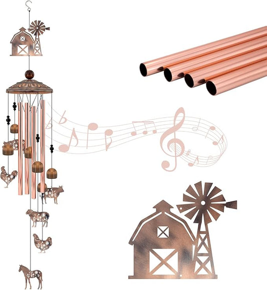 Farmhouse Decor Wind Chimes, Chicken Wind Chime Gift for Women Men, 35" Vintage Metal Farm Animal Windmill & Barn Decor for Home, Outdoor Garden Patio
