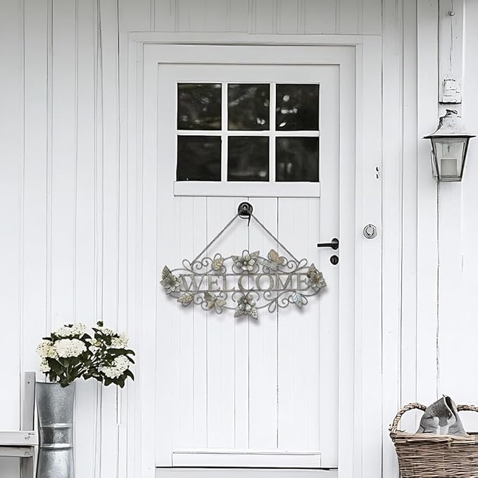 Queltharion Metal Welcome Wall Decor Rustic Farmhouse Distressed Flower and Butterfly Welcome Sign Hanging Decorative for Garden Porch Patio Yard Outdoor 23.5" L Blue