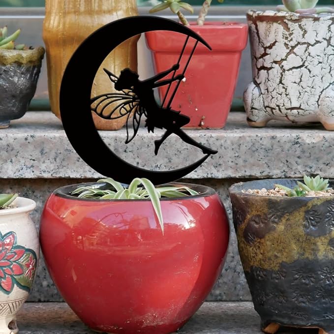 SUPERDANT Fairy Garden Decor Moon Swing Black Silhouette Outdoor Lawn Pots Decor Elves Metal Garden Stakes Decorative Metal Yard Art for Yard Patio Trees Gift for Gardeners Mother's Day