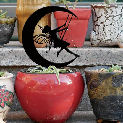 SUPERDANT Fairy Garden Decor Moon Swing Black Silhouette Outdoor Lawn Pots Decor Elves Metal Garden Stakes Decorative Metal Yard Art for Yard Patio Trees Gift for Gardeners Mother's Day