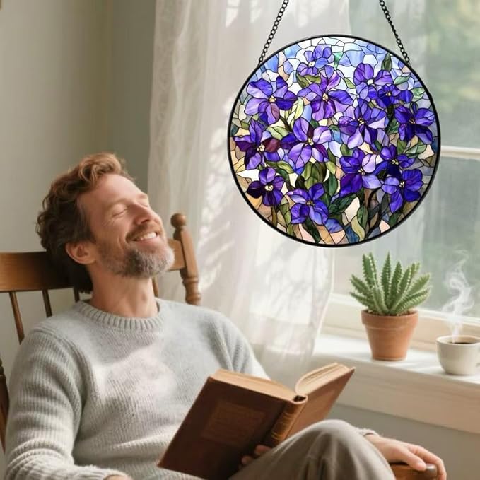 Stained Glass Window Hanging Lilac Stained Glass Style Suncatcher Round Purple Flower Window Hanging Decorative Panel Sun Catcher for Home Window Garden Gift