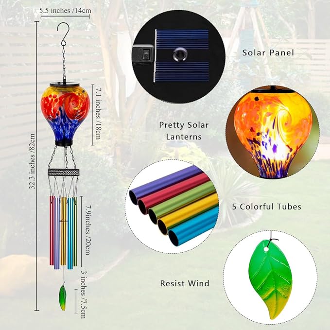 Starsoul Solar Wind Chimes for Outside, Colorful Speckle Hot Air Balloon Wind Chime with Flickering Flame, Outdoor Glass Windchimes for Garden Yard Decor, Gift for Mother's Day