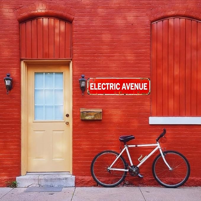 16 * 4 Inches Retro Tin Sign "ELECTRIC AVENUE" - Outdoor Decor for Garage/Bedroom/Patio - Quirky Wall Decor, Metal Signs, Beachy Room Decor
