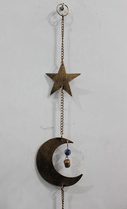 43 Inch Metal Sun Moon Star Wind Chime – Antique Bronze Celestial Wall Hanging with Bells – Handcrafted Boho Home & Garden Decor for Balcony, Patio, Porch, Entryway.