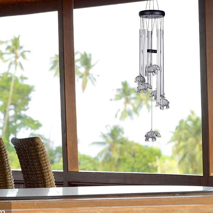 Outdoor Elephant Wind Chimes Indoor Decor - Pure Hand-Made Mobile Romantic Windcatcher 28" Elephant Wind Chime for Home, Xmas, Gift for Mom, Balcony, Patio, Garden Decoration(5 Tubes, 6 Elephants)