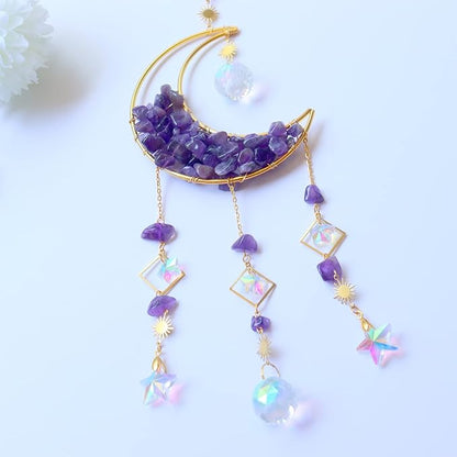 Amethyst Crystals Suncatcher - Hanging Moon Sun Catcher with Glass Prisms for Windows, Healing Amethyst Crystal Decor for Home, Gift for Christmas Birthday Valentine Mothers Day