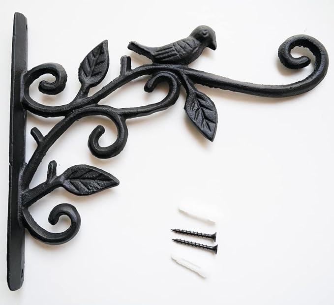 KiaoTime Cast Iron Metal 9.5" Hanging Planter Flower Pots Bracket Bird Feeder Hook Wind Chime Lanterms Hanger with Double Sided Bird for Indoor Outdoor Wall Fence Deck Trees Patio Garden Post Arm
