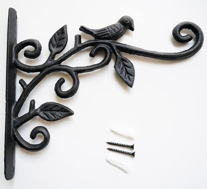 KiaoTime Cast Iron Metal 9.5" Hanging Planter Flower Pots Bracket Bird Feeder Hook Wind Chime Lanterms Hanger with Double Sided Bird for Indoor Outdoor Wall Fence Deck Trees Patio Garden Post Arm