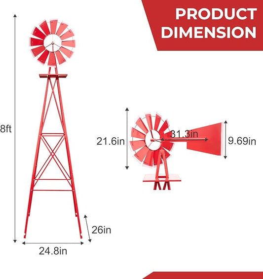 Outvita 8FT Ornamental Windmill, Heavy Duty Durable Metal Weather Vane Garden Decoration Weather Resistant for Garden, Yard, Farm, Seaside (8ft-red)