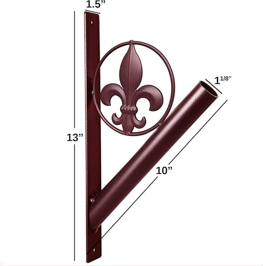 Flag Pole Holder – Fleur de Lis Rustic Iron Bracket Mount Outdoor Wall Décor for House, Metal Decorative Mounted Holders for Poles, Flags, and Banner for Outside Porch, 1-1/8” Inner Diameter (Brown)