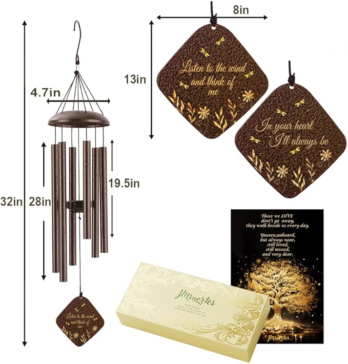 Memorial Sympathy Wind Chimes for Outside Clearance, Dragonfly Wind Chimes for Loss of Loved One Mother Father for Bereavement/Condolence/Funerary Gift Idea,32'' Bronze