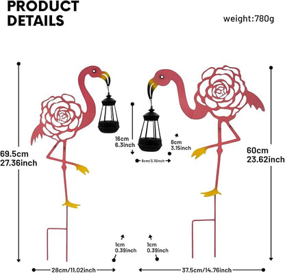 Solar Flamingo Light with Lantern - Outdoor Garden Decor, Metal Rose Cut-Out, Warm Auto-On Light, Gift for Patio, Yard, Party Decoration(2 Pack)