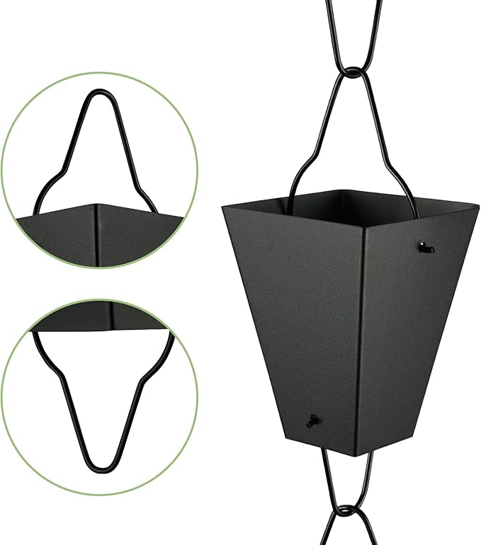 TE DEUM Square Link Rain Chain, 8.5 Feet Length, 3.7inch Big Size Cup, Black Powder Coated, Functional and Decorative Replacement for Gutter Downspouts, V Gutter Clip Included, Black