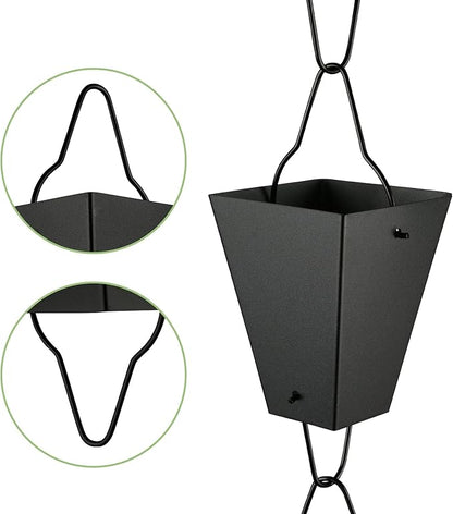 TE DEUM Square Link Rain Chain, 8.5 Feet Length, 3.7inch Big Size Cup, Black Powder Coated, Functional and Decorative Replacement for Gutter Downspouts, V Gutter Clip Included, Black