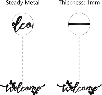 CREATCABIN Welcome Flower Metal Sign Wall Art Decor Rustic Letter Signs Black Hanging Word Decoration for Front Door Home Entry Indoor Outdoor Living Room Aesthetic Bedroom 3.9 x 11.8 Inch
