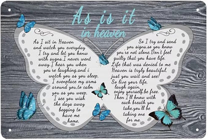 As I Sit in Heaven - Butterfly Decor Metal Sign 8x12 Inch Bedroom Cafe Home Bar Pub Coffee Kitchen Bathroom Funny Wall Decor Art