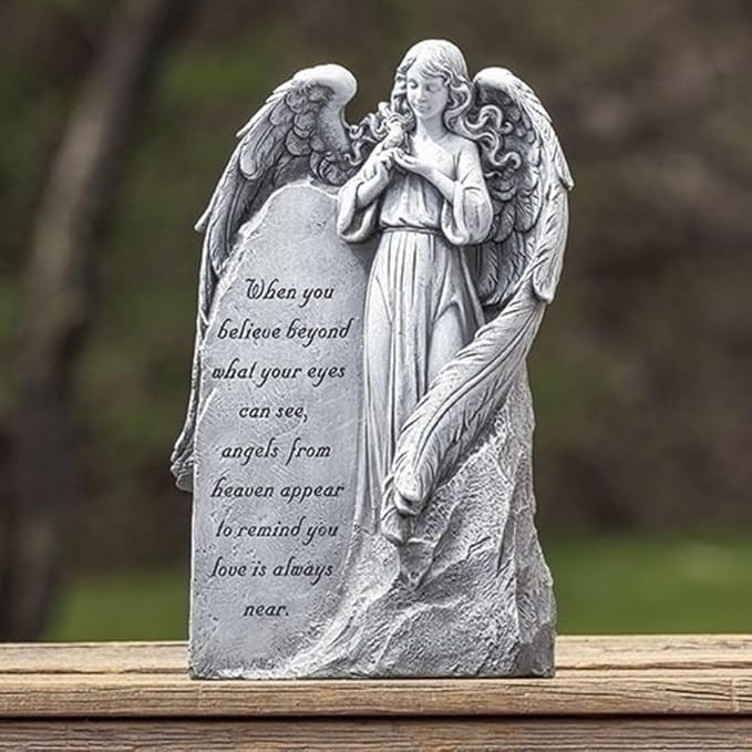 Roman Angel with Bird Garden Stone Statue, 11.25-inch Height, Resin, Stone Powder and Paint, Outdoor, Garden Décor