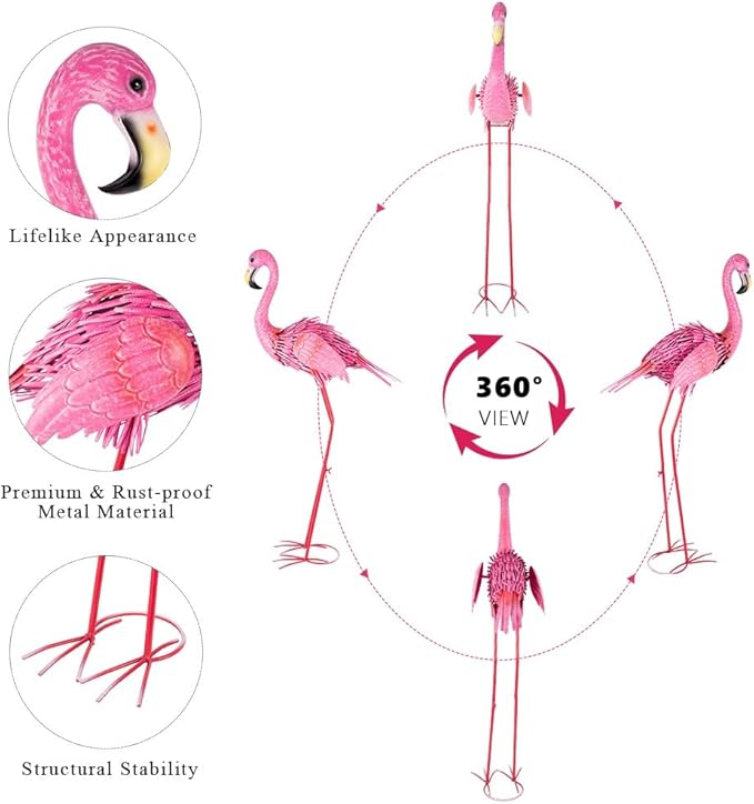35" Flamingo Garden Statues & Sculptures, Metal Birds Yard Art Outdoor Statue, Large Pink Flamingo Lawn Ornaments for Home, Patio, Backyard Decor