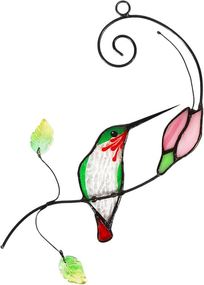 Handmade Stained Glass Hummingbird Suncatcher, Window Hanging Ornament with Flower Design, Indoor Outdoor Garden Decor