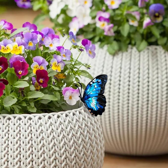 JOONOR 2 Pieces Stained Acrylic Butterfly Flower Pot Hugger Cute Animal Statue for Planter Hanger Decorations Outdoor Fairy Garden Planter Edge Accessories,Butterfly