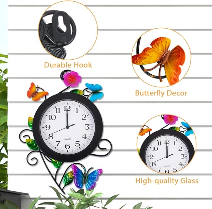 Outdoor Clock with Butterfly and Flowers, Butterflies Outdoor Wall Clock Waterproof, Silent No-Ticking Outdoor Clocks for Patio, Living Room, Kitchen, Garden