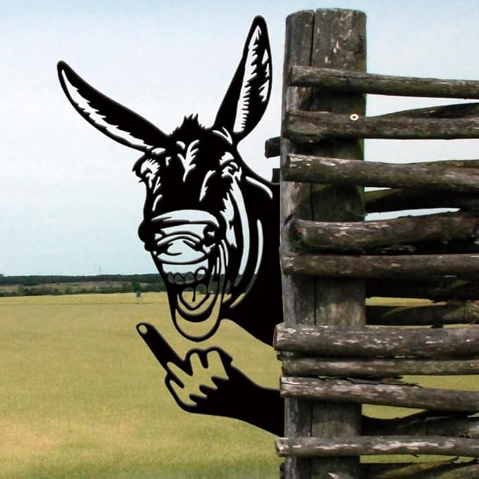 Funny Peeking Squirrel Metal Sign, Middle Finger Garden Yard Art Decor, Rustic Animal Wall Ornament for Tree, Fence, Outdoor Farmhouse, Bigfoot Gag Gift (#Donkey B, 12")