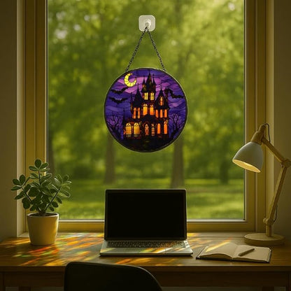 Stained Glass Window Hanging - 6.3in Haunted House with Moon and Bats Halloween Decor Sun Catchers Indoor Stained Glass Panels Wall Decor for Mom，Wife，Lovers，Festive