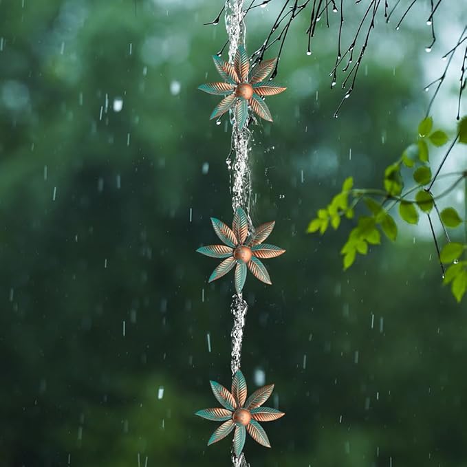 dreamysoul Rain Chains with Spinner Cups, Bronze Flower Decorative Rain Catcher Chains for Downspout Gutters, Metal Garden Rain Chain Outdoor Decor