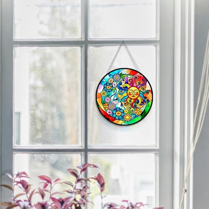 WIRESTER Stained Glass Suncatcher 6 Inch, Glass Panel with Metal Chain, Sun Catcher Window Hanging Ornament for Indoor Outdoor Wall Art Home Decoration - Colorful Sun and Moon