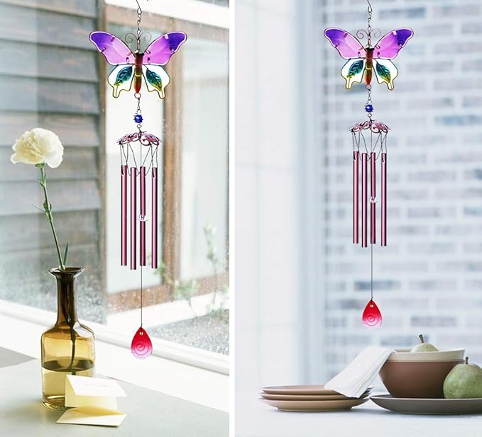 Evealyn Outdoor Butterfly Wind Chimes, Indoor Handing Stained Glass Metal Music Beautiful Wind Chimes for Home, Balcony,Window, Garden, Yard, Patio, Lawn Decoration (Purple)