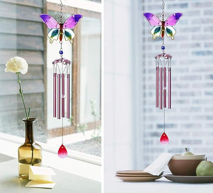 Evealyn Outdoor Butterfly Wind Chimes, Indoor Handing Stained Glass Metal Music Beautiful Wind Chimes for Home, Balcony,Window, Garden, Yard, Patio, Lawn Decoration (Purple)